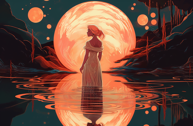 夜空中的圆月从水面升起满月月亮前方站着一个女人,插画/手绘图,插画/手绘图库,插画/手绘图下载,插画/手绘